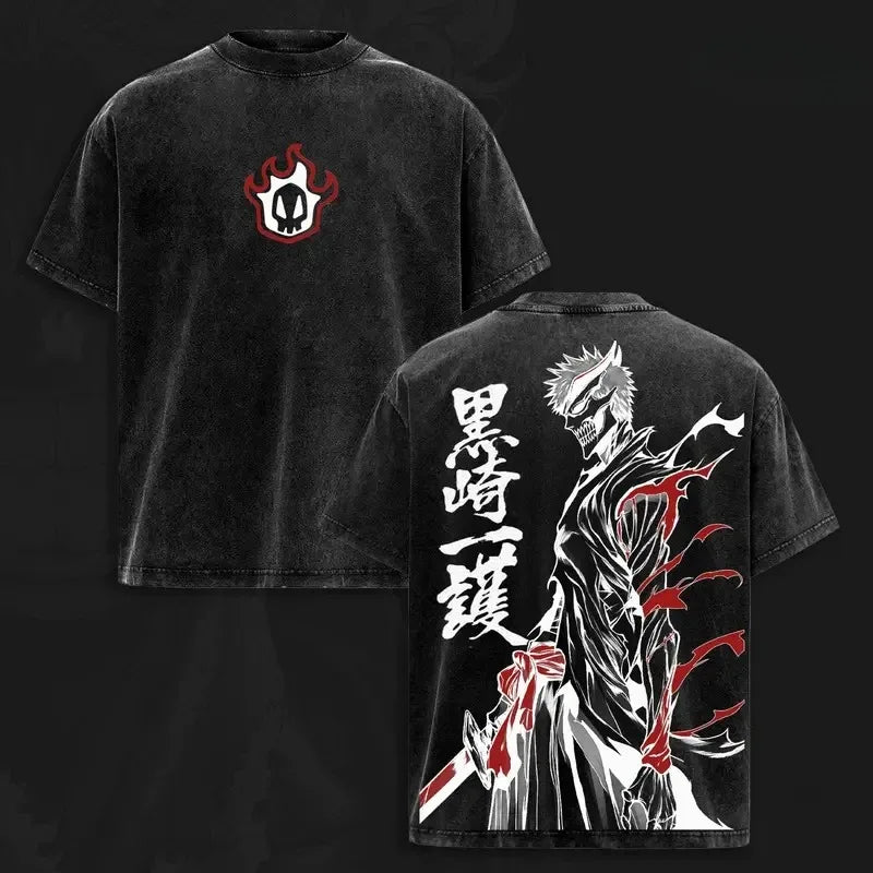 Bleach T-Shirt Vintage Washed Anime Streetwear oversized nylon-cotton blend Y2K hip-hop Bleach anime graphic washed finish applique unisex S to XXXL front view