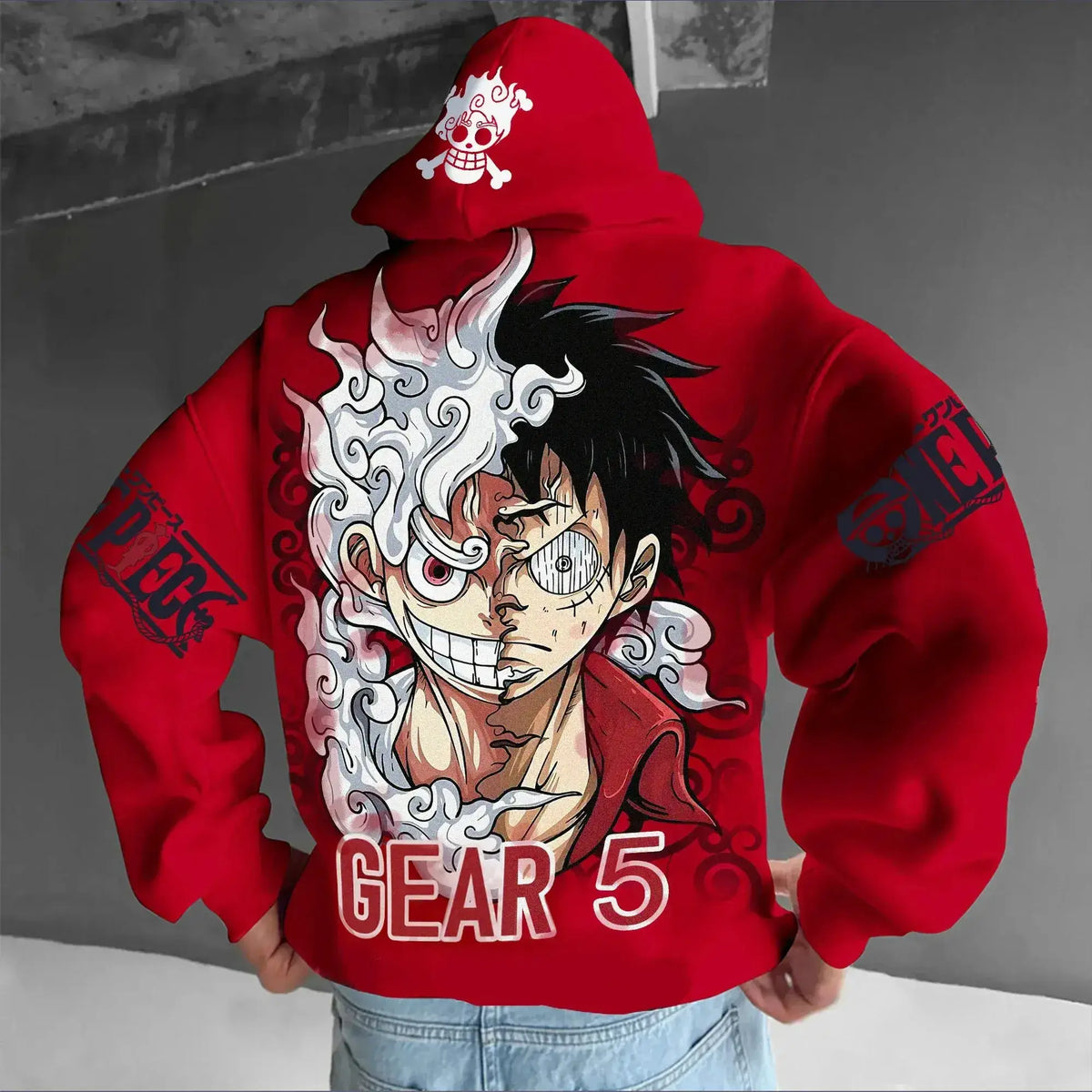 A streetwear One Piece Luffy Gear 5 Nika Anime Hoodie, a casual pullover for men and women's autumn and winter cosplay.