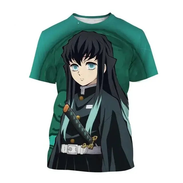 A fashion Demon Slayer Nezuko Shinobu T-shirt with a vibrant 3D print of the anime characters.