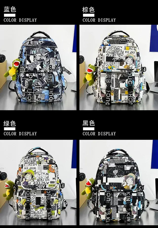A high-capacity One Piece Luffy Backpack featuring a vibrant graffiti print of Monkey D. Luffy, designed as a durable school bag for middle and high students.