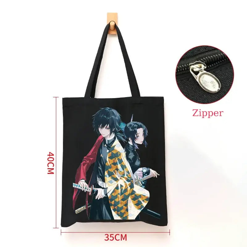 A durable Demon Slayer Canvas Bag featuring Kamado Nezuko and Tanjiro anime graphics, designed as a zipper tote for students and shoppers.