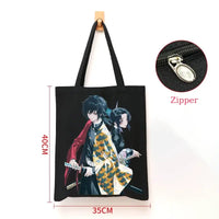 A durable Demon Slayer Canvas Bag featuring Kamado Nezuko and Tanjiro anime graphics, designed as a zipper tote for students and shoppers.