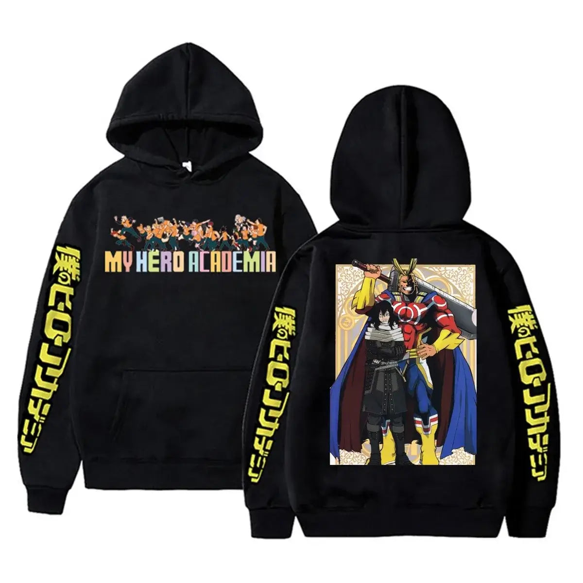 An oversized Midoriya Izuku Hoodie featuring a black and white manga graphic print, styled as unisex Harajuku streetwear for men and women.