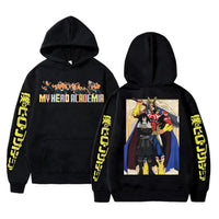 An oversized Midoriya Izuku Hoodie featuring a black and white manga graphic print, styled as unisex Harajuku streetwear for men and women.