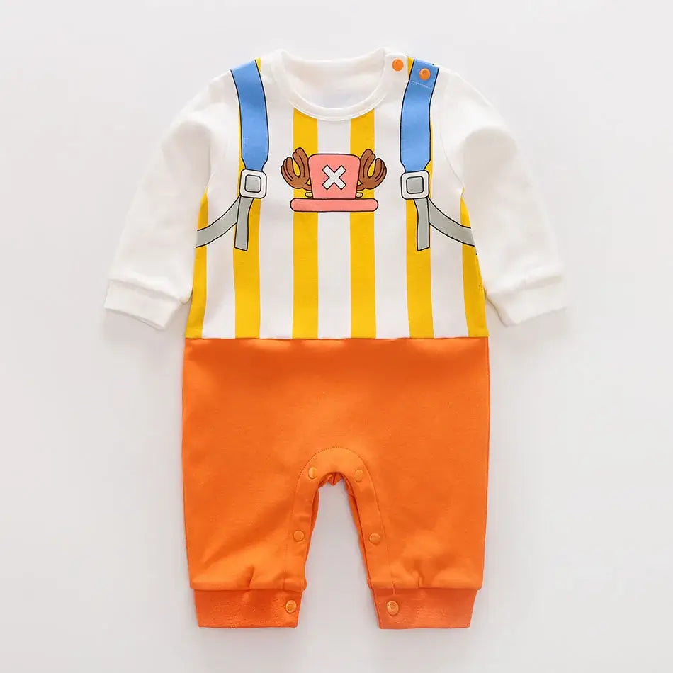 A newborn infant wearing the Baby Anime Costume, a cosplay jumpsuit available in Luffy, Akatsuki, and Vegeta styles.