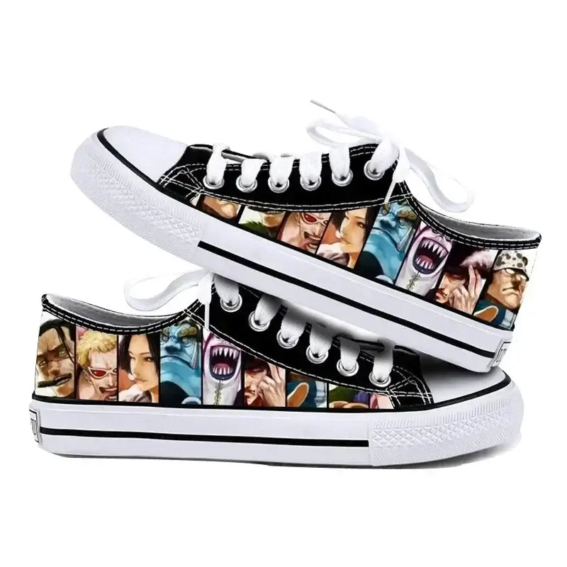 Trendy One Piece Canvas Shoes featuring Riman printed anime art, designed as breathable low-top flat sneakers for boys, girls, and couples.