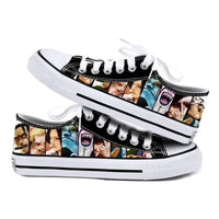 Trendy One Piece Canvas Shoes featuring Riman printed anime art, designed as breathable low-top flat sneakers for boys, girls, and couples.