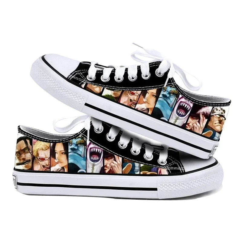 One Piece Anime Low Top Canvas Sneakers flat lay pair printed anime canvas couple birthday gift