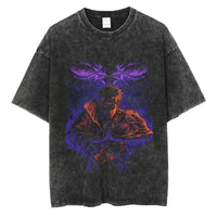 A man wearing the vintage black Japanese Anime Naruto Print T Shirt in a Harajuku hip hop streetwear style.