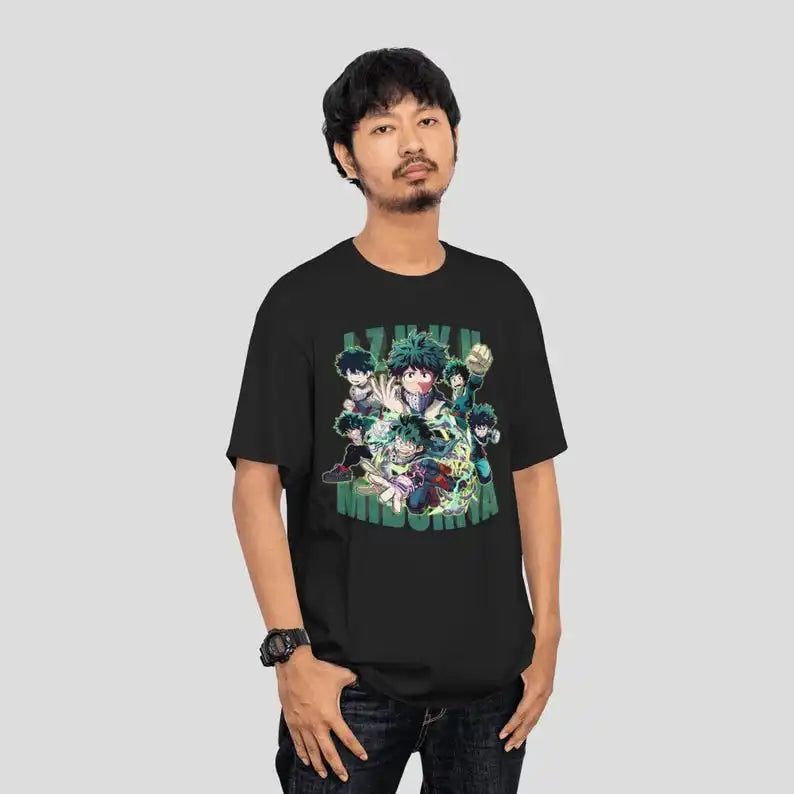A trendy Midoriya Izuku T-Shirt made of 100% cotton, featuring Fire Style Deku graphic art for unisex Japanese fashion.