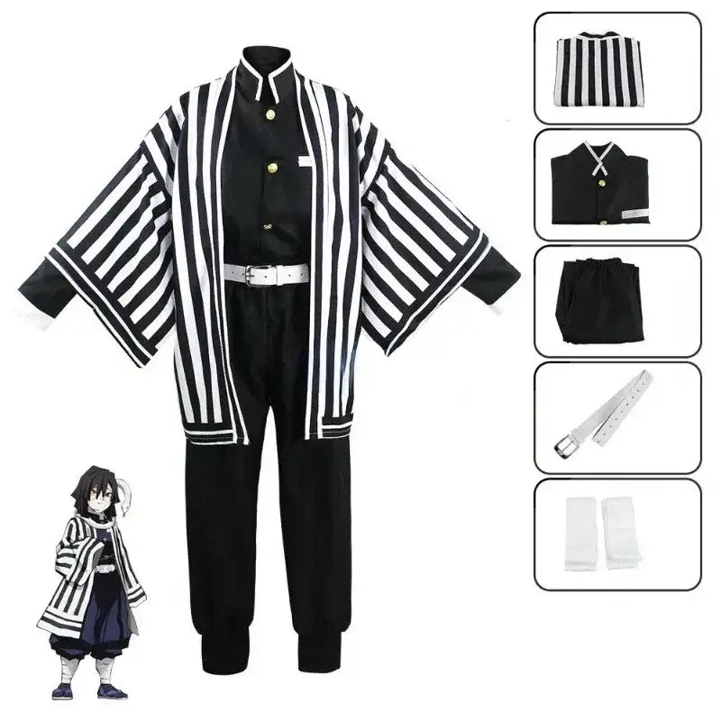 A complete Iguro Obanai Cosplay Costume featuring the black and white striped kimono, Demon Slayer uniform, and wig for Halloween parties.