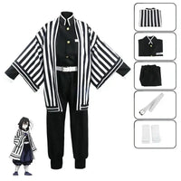 A complete Iguro Obanai Cosplay Costume featuring the black and white striped kimono, Demon Slayer uniform, and wig for Halloween parties.