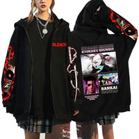 A unisex Bleach Zip Up Hoodie featuring 3D cosplay prints of Kurosaki Ichigo, Kyoraku Shunsui, and Hitsugaya Toshiro for anime fans.