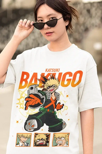 A premium Katsuki Bakugo T-Shirt featuring explosive anime manga art of the My Hero Academia hero Dynamight for men and women.