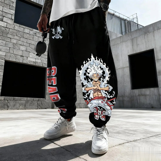 Men's loose One Piece Luffy Sweatpants featuring Y2K anime graphic prints, designed as autumn and winter hip hop trousers for gym and casual wear.