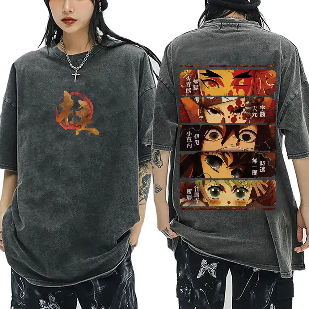 A washed black Demon Slayer Vintage T-Shirt made of 100% cotton, featuring an oversized cartoon anime graphic for men and women.