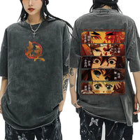 A washed black Demon Slayer Vintage T-Shirt made of 100% cotton, featuring an oversized cartoon anime graphic for men and women.