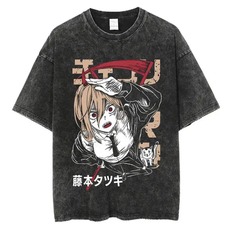 Chainsaw Man Power Print T-Shirt Y2K Harajuku washed cotton unisex anime tee men women