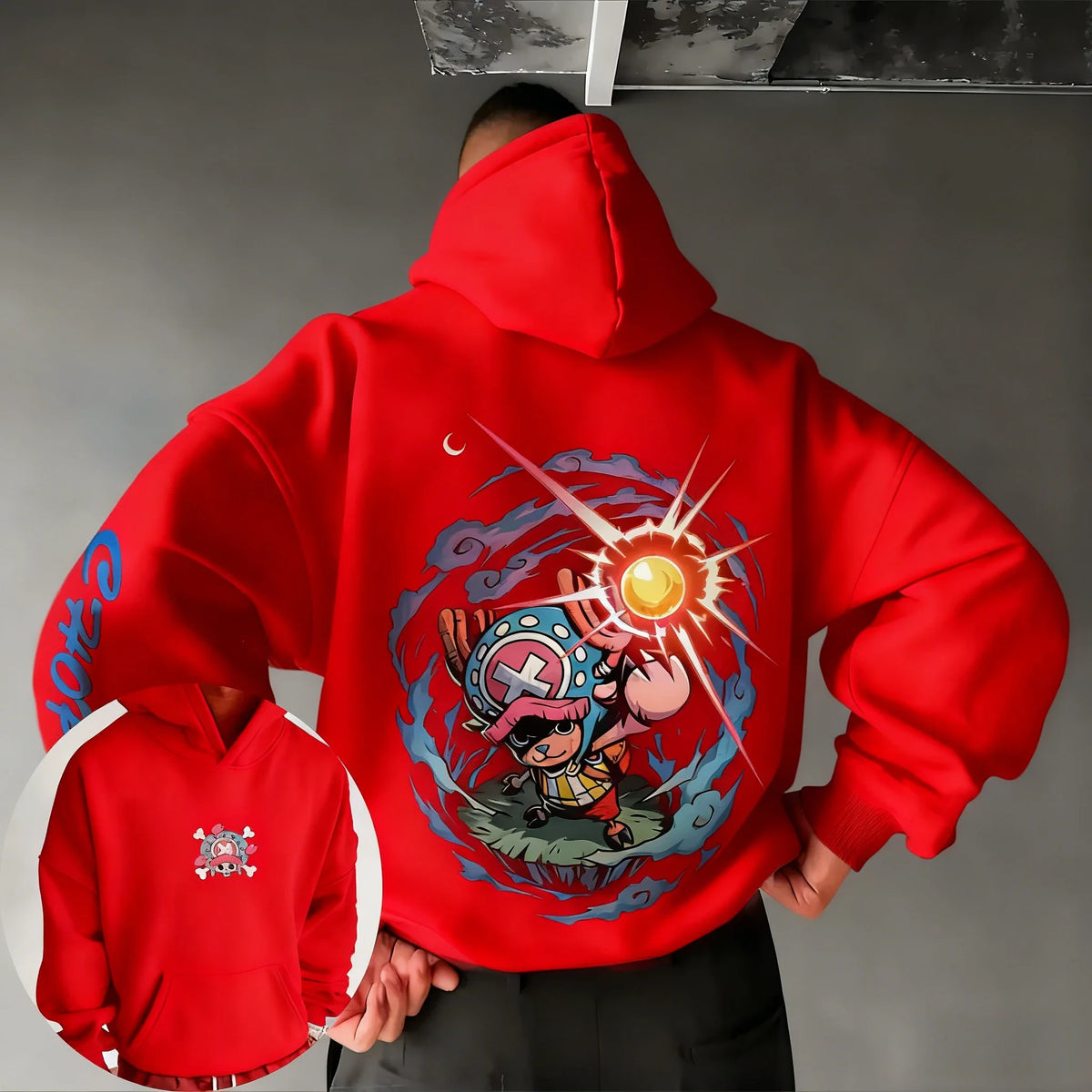 A loose-fit Tony Tony Chopper Hoodie featuring a cute anime graphic print, designed as American street hip hop wear for men and children.