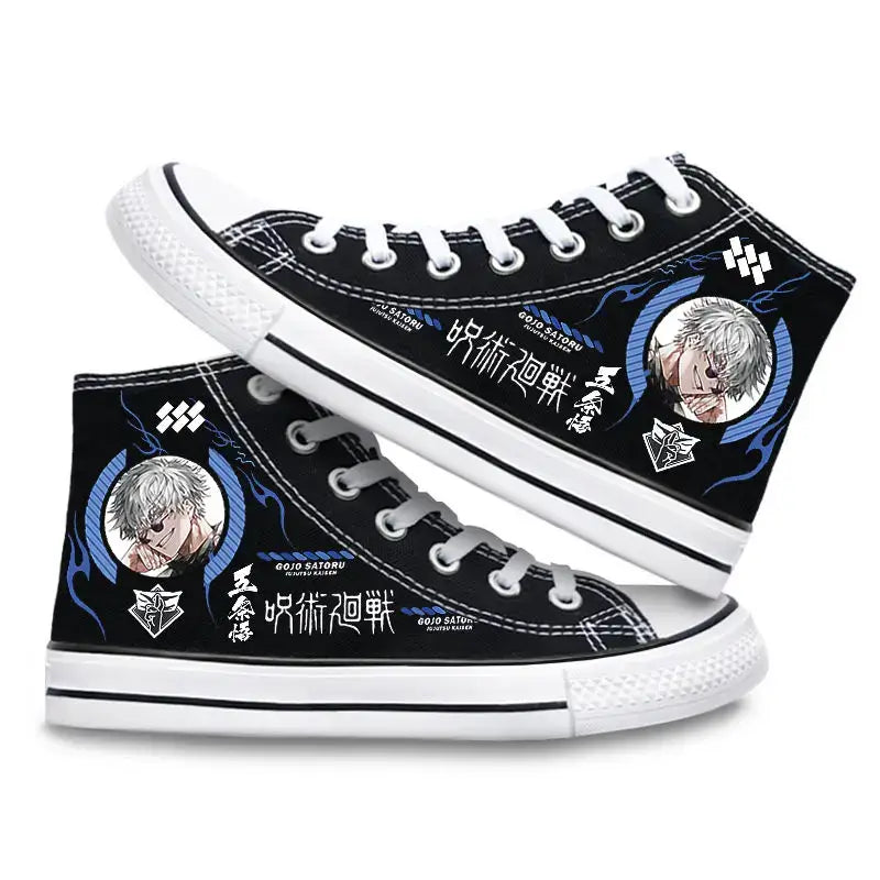Pair of Jujutsu Kaisen Canvas Shoes featuring Gojo Satoru and Fushiguro Megumi creative cartoon patterns, designed as fashion high-top sneakers.