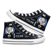 Pair of Jujutsu Kaisen Canvas Shoes featuring Gojo Satoru and Fushiguro Megumi creative cartoon patterns, designed as fashion high-top sneakers.