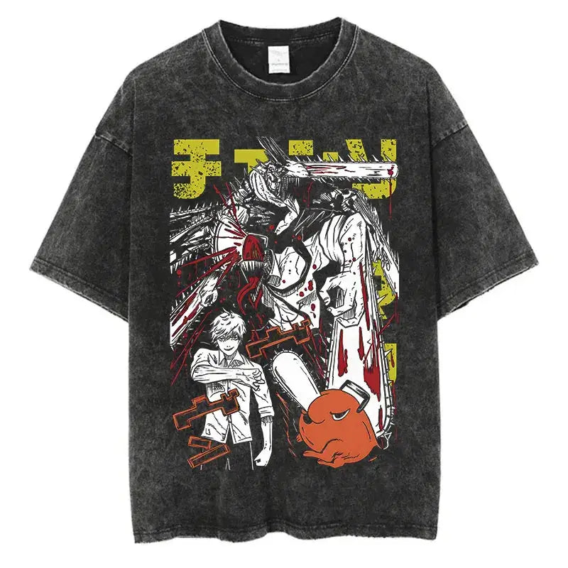 Chainsaw Man Power Print T-Shirt Y2K Harajuku washed cotton unisex anime tee men women