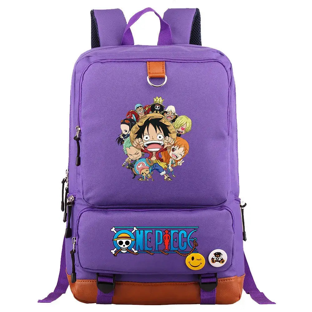 A large, unisex One Piece Luffy Printed Unisex Backpack suitable for school and travel, with compartments for a laptop and iPad.