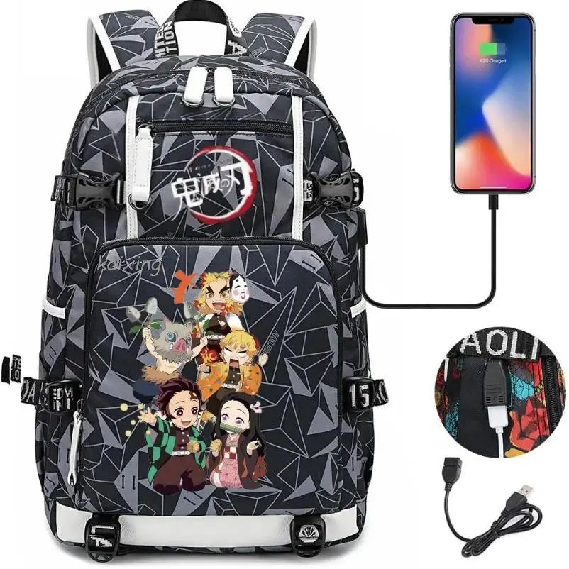 A pink and black Nezuko Demon Slayer Backpack featuring a USB charging port and kawaii anime character art, designed for teen girls and students.