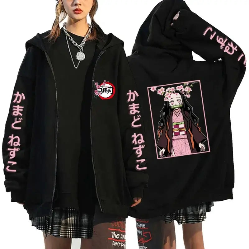 A casual loose Harajuku Fashion Anime Cartoon Demon Slayer Pattern Print Sweatshirt and fleece zipper hoodie for men and women.