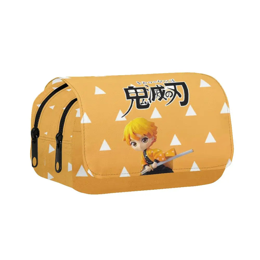 A 3-piece Demon Slayer Backpack Set featuring Tanjiro and Nezuko anime art, including a school bag, lunch box, and pencil case for elementary students.
