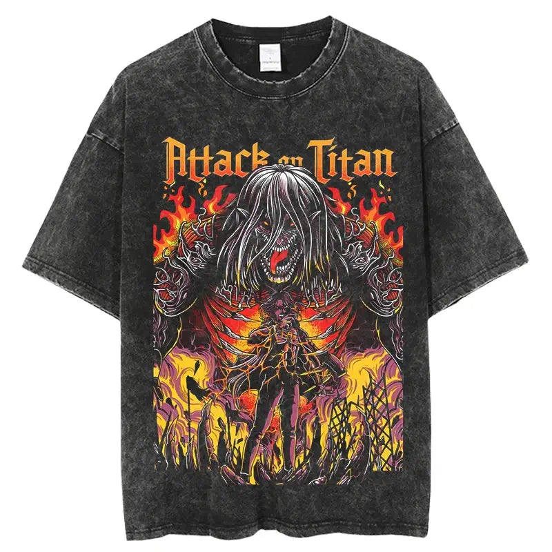 A vintage-washed Eren Jaeger T-Shirt featuring a gritty Attack on Titan manga graphic, styled as oversized Harajuku streetwear for men and women.