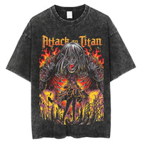 A vintage-washed Eren Jaeger T-Shirt featuring a gritty Attack on Titan manga graphic, styled as oversized Harajuku streetwear for men and women.