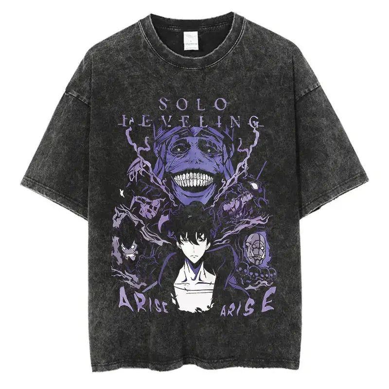 A trendy Solo Leveling Vintage T-shirt featuring a Sung Jinwoo graphic print, designed with a retro washed cotton finish for Harajuku streetwear.