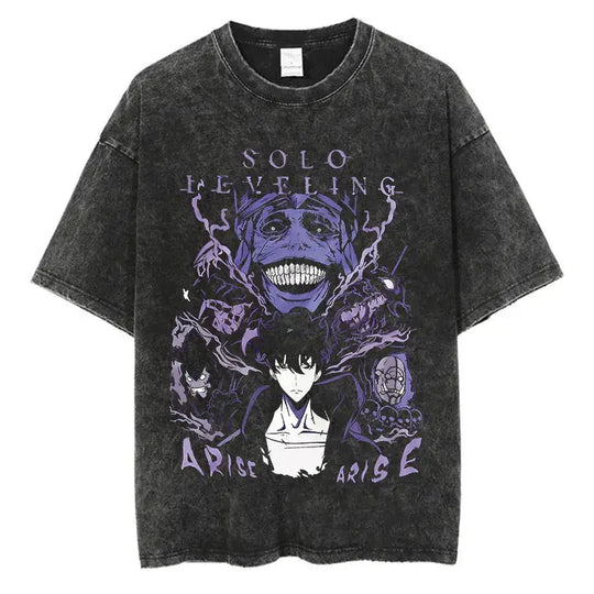 A trendy Solo Leveling Vintage T-shirt featuring a Sung Jinwoo graphic print, designed with a retro washed cotton finish for Harajuku streetwear.