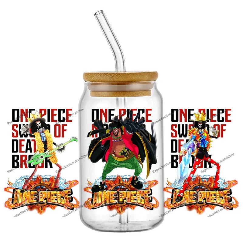 A collection of the newest 31 designs of popular One Piece UV DTF Stickers for a 16oz glass cup.