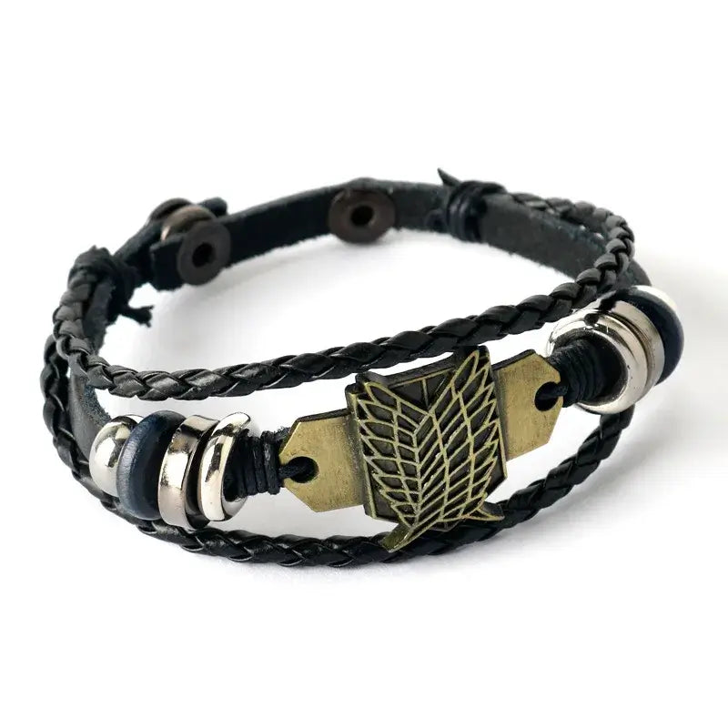 Anime Woven Cowhide Bracelet multilayer buckle ring inspired by One Piece Naruto and Attack on Titan birthday gift accessory