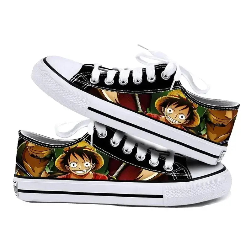 Trendy One Piece Canvas Shoes featuring Riman printed anime art, designed as breathable low-top flat sneakers for boys, girls, and couples.
