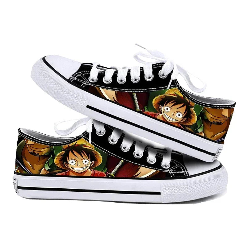 One Piece Anime Low Top Canvas Sneakers flat lay pair printed anime canvas couple birthday gift