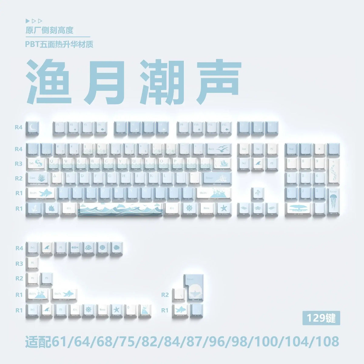 Miyu 129-Key OEM PBT Translucent Keycaps side-engraved 5-side thermal sublimation custom mechanical keyboard