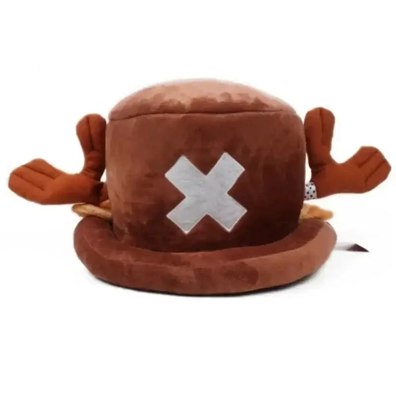 A soft Tony Tony Chopper Hat made of plush cotton featuring 3D antlers, alongside a spotted Trafalgar Law cap for anime cosplay.