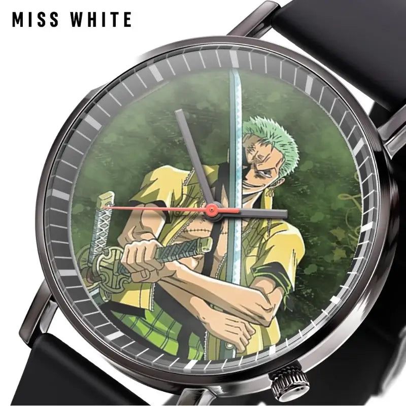 A colorful One Piece Luffy Watch featuring Fire Fist Ace anime action figure art on the dial, analog quartz movement for kids.