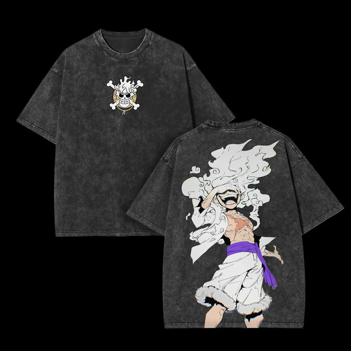 One Piece Luffy Gear 5 Nika Harajuku Washed T-Shirt black-2 / M 45-55kg