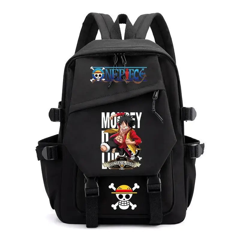 A lightweight canvas One Piece Backpack featuring kawaii anime characters, suitable for school, travel, and carrying a laptop computer.
