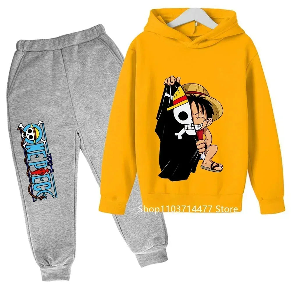 A comfortable One Piece Hoodie Set for kids featuring Monkey D. Luffy anime graphics, including a hoodie and pants 2-piece sports suit.