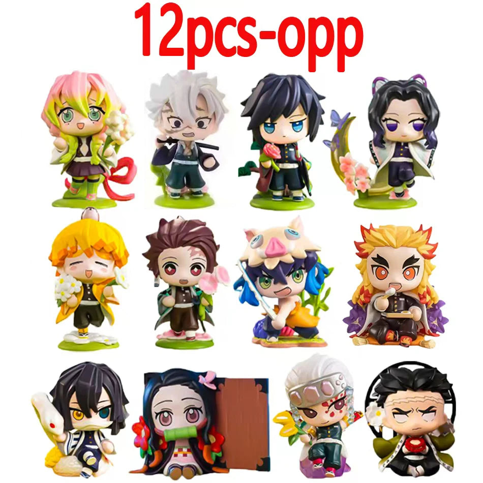 A colorful Demon Slayer Blind Box containing a random cute PVC anime figure of Tanjiro or Nezuko, used as a desktop ornament.