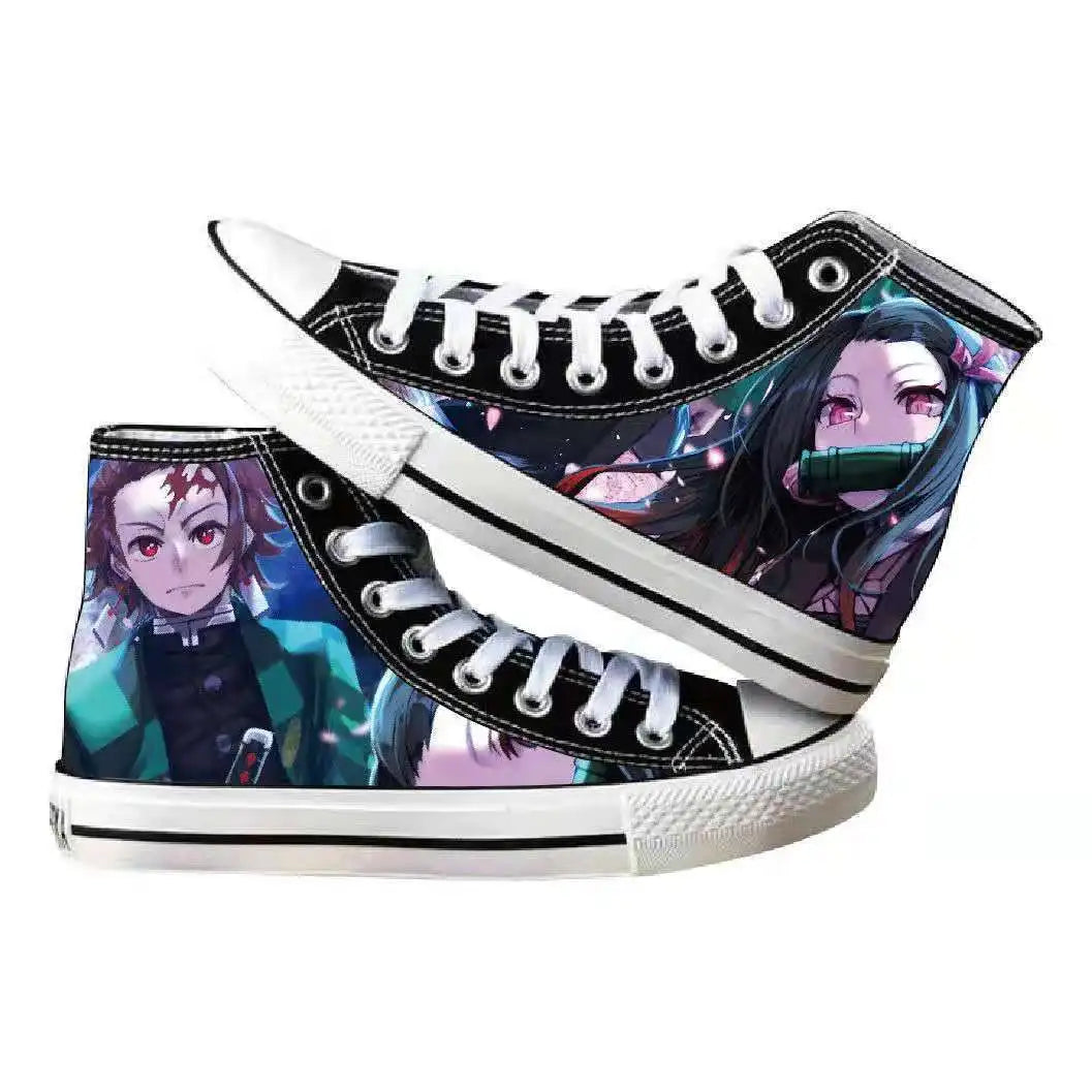 High-top Demon Slayer Canvas Shoes featuring Tanjiro Kamado and Jibaku Shounen Hanako-kun anime prints for casual fashion.