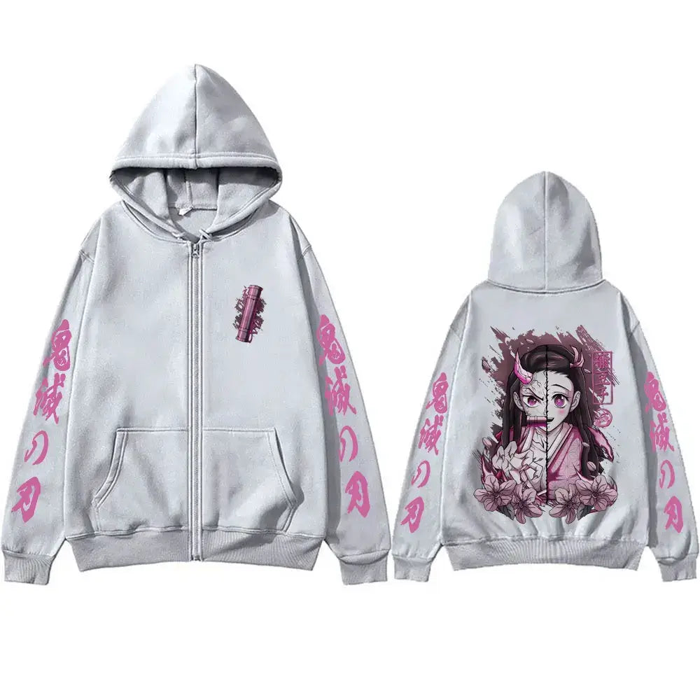 A casual oversized Anime Demon Slayer Kamado Nezuko Merch Zipper Hoodie jacket for men and women.