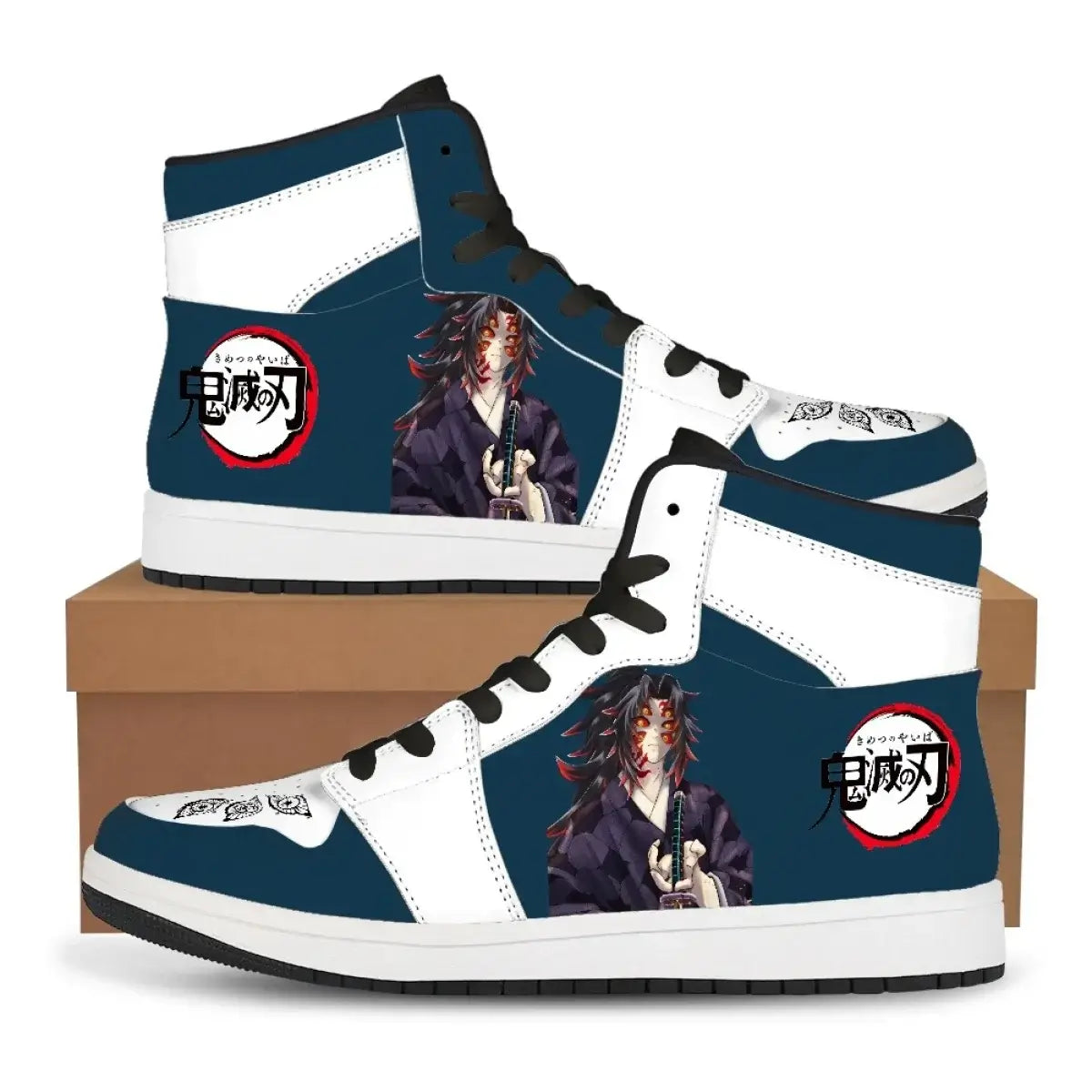 High-top Demon Slayer Sneakers featuring Tanjiro Kamado and Nezuko Kamado anime designs, styled as fashionable basketball shoes for men and women.