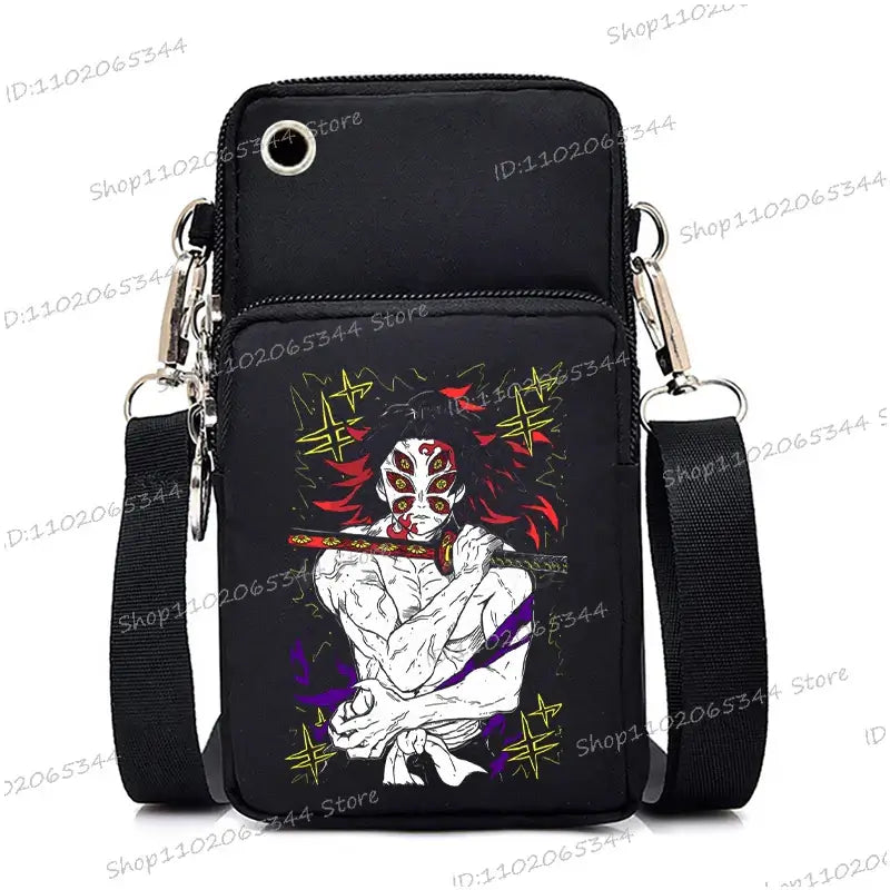 A trendy Demon Slayer Phone Bag featuring anime art of Nezuko Kamado and Mitsuri Kanroji, designed as a Harajuku mini crossbody purse for women and men.