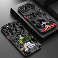 A luxury One Piece iPhone Case with frosted translucent finish and anime art, fitted for Apple iPhone 15, 14, and 13 Pro Max.